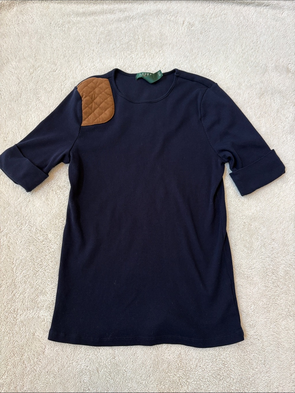Lauren Ralph Lauren Navy Short Sleeve Tee with Brown Quilted Shoulder Patch